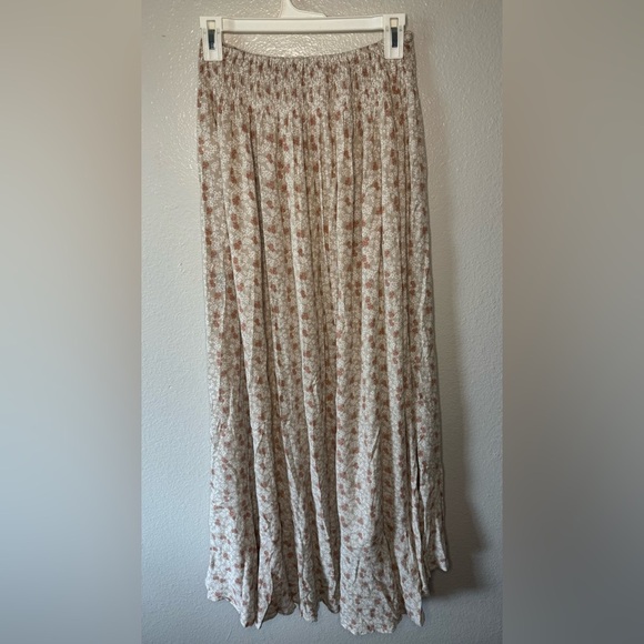 Promesa Sand Floral Smocked Waist Button High Low Maxi Skirt - Picture 11 of 12